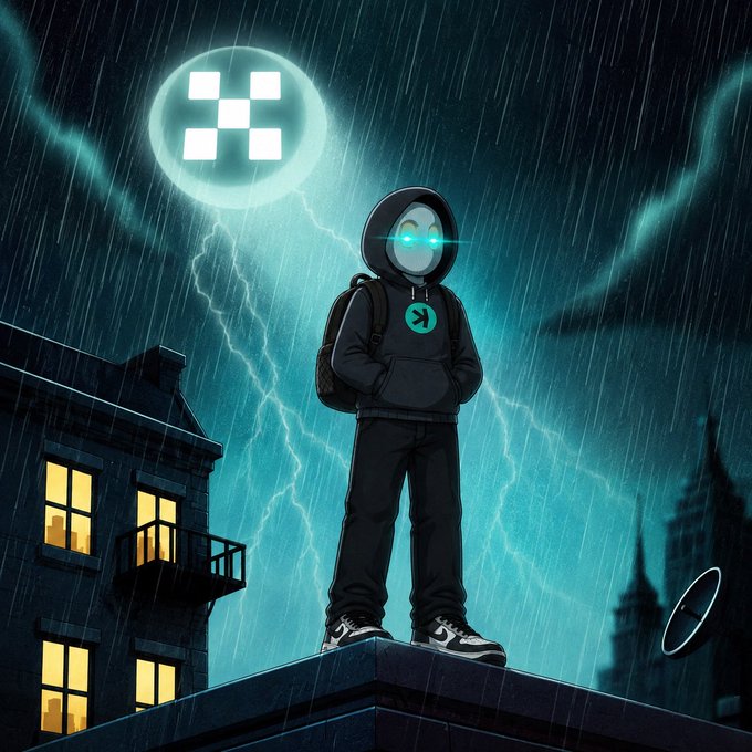 A hooded figure with glowing teal eyes stands atop a rooftop in the rain beneath a moon displaying the OKX logo, visually reinforcing the post's endorsement of OKX as a sleek, powerful trading platform. The dramatic, electrified atmosphere mirrors the bold invitation to "try out @okx" via the included referral link (okx.com/join/38441014).