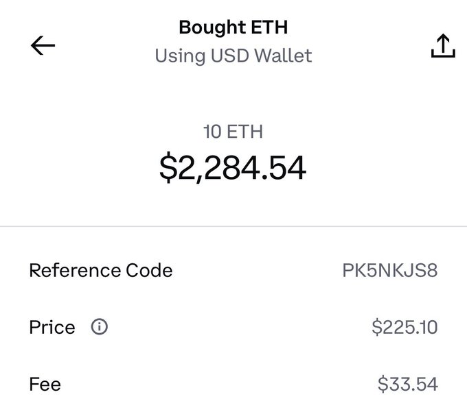 A mobile wallet confirmation page titled "Bought ETH Using USD Wallet" shows a purchase of 10 ETH for $2,284.54, broken down into a Price of $225.10 and a Fee of $33.54, with reference code PK5NKJS8.