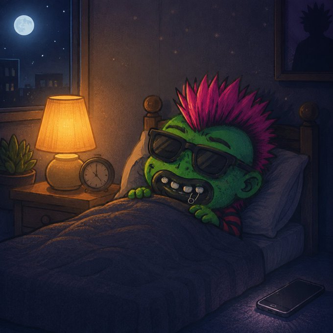 A cartoon zombie with a pink mohawk, sunglasses, and braces sleeps in a cozy bedroom while wearing a mouthguard with a phone placed across the room on the floor, illustrating the post's advice to dim the lights and put the phone away before bed.