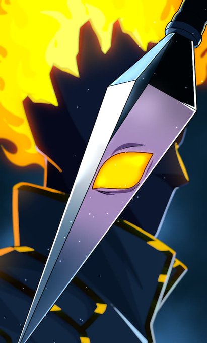 An anime-style illustration featuring a dark armored character with spiky black hair silhouetted against flames, holding a large spear-like weapon with a glowing yellow eye in its center.