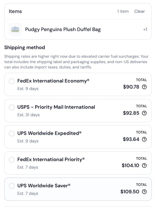A shipping options page for a "Pudgy Penguins Plush Duffel Bag" showing international rates ranging from $90.78 (FedEx International Economy, 9 days) to $109.50 (UPS Worldwide Saver, 7 days), highlighting the excessively high costs mentioned in the post.
