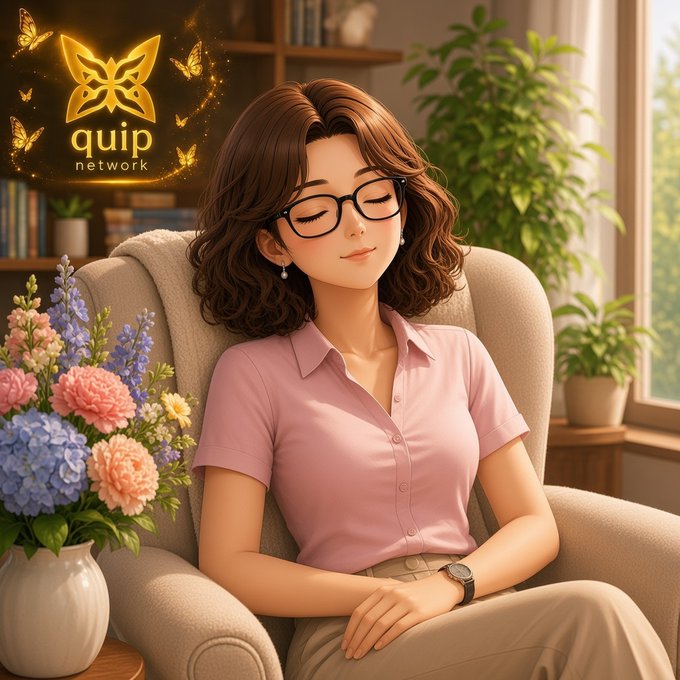 An illustrated image of a woman with glasses relaxing in an armchair with closed eyes, accompanied by the 'quip network' logo and decorative butterflies and flowers.