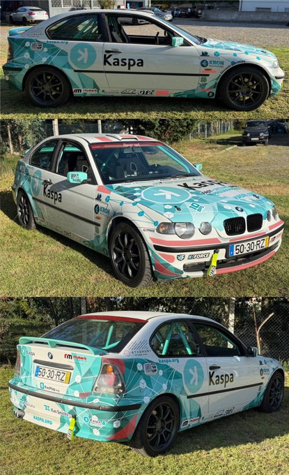 Three views of a white BMW race car with teal and pink graphics displaying 'Kaspa' branding and license plate '50-30-RZ'.