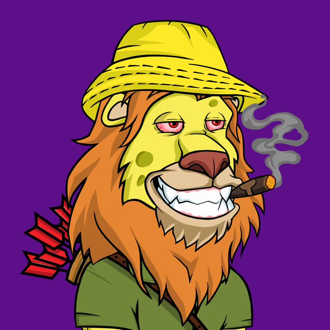 A cartoon illustration of a lion wearing a yellow safari hat and green shirt, smoking a cigar with a wide grin against a purple background, with red arrows visible on its back.