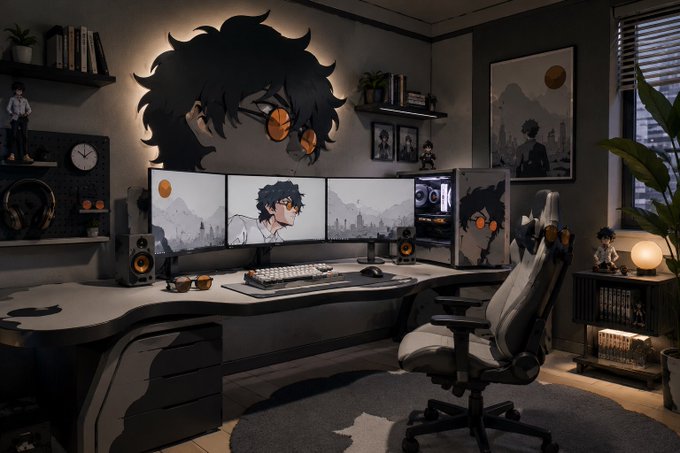 The image features an office space with three computer monitors, two keyboards, and one mouse. The room has a gray color scheme, giving it a professional appearance. There are also several books scattered around the room, adding to its organized yet lived-in feel. A clock is mounted on the wall above the desk area, helping the occupants keep track of time while working or gaming. In addition, there's a chair placed in front of one of the monitors, providing a comfortable seating option for those who spend long hours at their desks. The overall atmosphere suggests that this space could be used as an office or a gaming den, where people can work on projects and enjoy video games simultaneously.