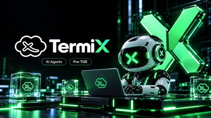 A promotional graphic for 'TermiX' featuring a futuristic robot with green X-shaped eyes working on a laptop, with tags 'AI Agents' and 'Pre-TGE'.