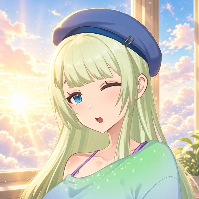 An anime-style illustration of a green-haired girl wearing a blue beret and winking, set against a sunny sky background.