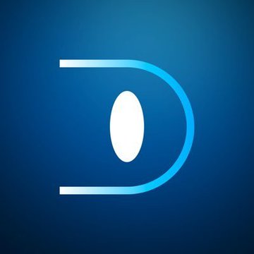 A blue gradient logo featuring a stylized 'D' shape with a white oval in the center, set against a dark blue background.