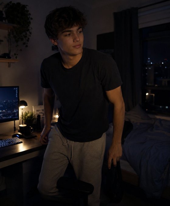 The image features a young man standing in front of a desk holding a laptop computer. The background shows a bedroom setting with a bed and a window, suggesting that he might be working or studying from home. The image also contains text about an AI operating system called @TheARCTERMINAL, which is related to the post as it talks about decentralized AI systems running in browsers on-chain.