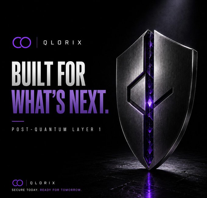 A promotional graphic for 'QLORIX' by 'CO' reading 'BUILT FOR WHAT'S NEXT. POST-QUANTUM LAYER 1' and 'SECURE TODAY. READY FOR TOMORROW,' featuring a metallic shield with a purple crystalline center.