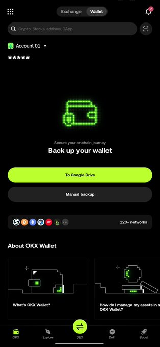 A screenshot of the OKX Wallet app interface displaying a "Back up your wallet" prompt with options to back up to Google Drive or manually.