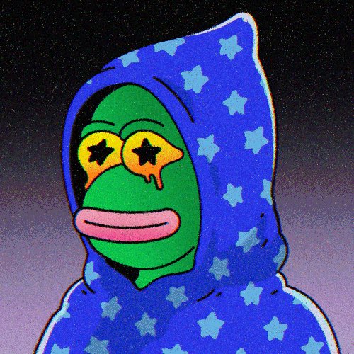 An illustration of Pepe the Frog wearing a blue hooded robe patterned with stars, featuring star-shaped eyes dripping with yellow substance and pink lips, set against a dark starry background.