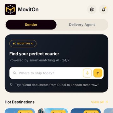 A screenshot of the MovitOn app interface featuring a 'MOVITON AI' search tool to 'Find your perfect courier', powered by smart-matching AI 24/7, with options for Sender or Delivery Agent.