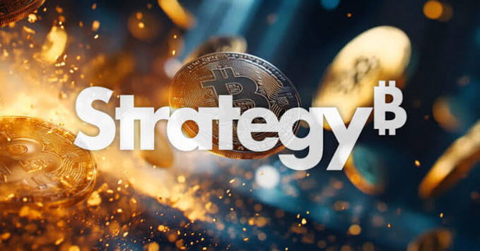 A dramatic promotional graphic with the word 'Strategy' in large white letters overlaid on a Bitcoin, with golden coins and fiery orange sparks in the background.
