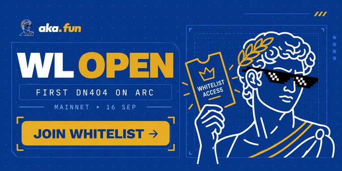 Promotional graphic for 'aka.fun' advertising a 'WL OPEN' whitelist event, labeled 'FIRST DN404 ON ARC MAINNET • 16 SEP' with a 'JOIN WHITELIST' button and an illustration of a classical figure wearing pixelated sunglasses holding a 'WHITELIST ACCESS' card.