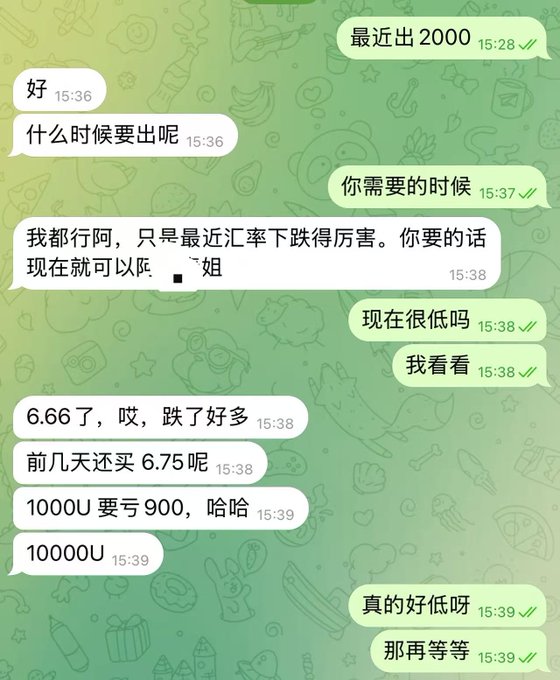 A Chinese WeChat conversation discussing currency exchange rates, mentioning USD/UYU rates dropping from 6.75 to 6.66, with messages timestamped around 15:36-15:39.