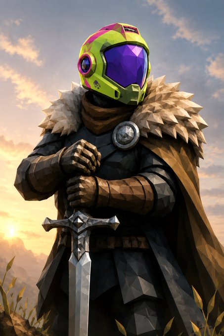 An armored knight wearing a green and purple futuristic helmet stands holding a sword against a sunset sky.