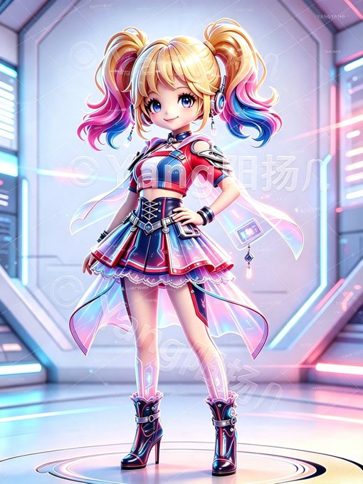 An anime-style character with blonde and pink-tipped pigtails stands in a futuristic sci-fi room, wearing a red and blue tech-inspired outfit with headphones and high-heeled boots, likely serving as concept art for an NFT collection.

The image appears to showcase preliminary NFT designs mentioned in the post, featuring a stylized character that could represent community-created artwork for the cidi斗地主 platform's upcoming free mint collection.