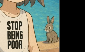The image shows an anime-style character alongside a brown bunny, with text on the character's shirt reading "STOP BEING POOR." The bunny in the picture appears to reference the "Pumpfun Bunny" mentioned in the post, which notes that Pumpfun features a bunny in their profile picture, similar to how Base has its Basecat mascot.
