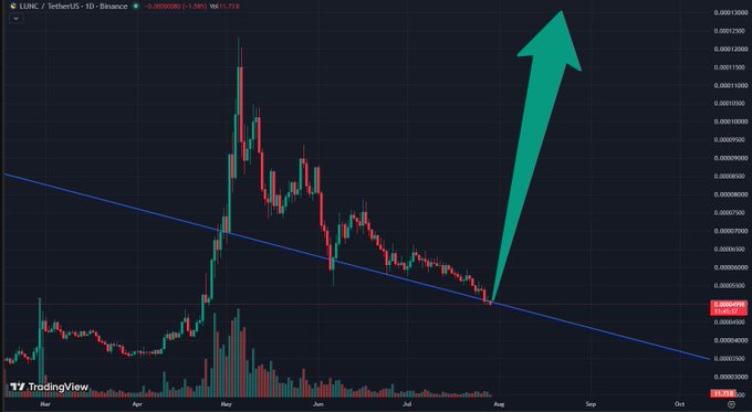 A TradingView chart for LUNC/USDT (Terra Luna Classic) on Binance shows a recent price of 0.00008080 (-1.34%), with a large green arrow projecting a bullish breakout above the descending trendline, suggesting an imminent upward move in line with the post's optimistic "$LUNC IS COMING" sentiment.