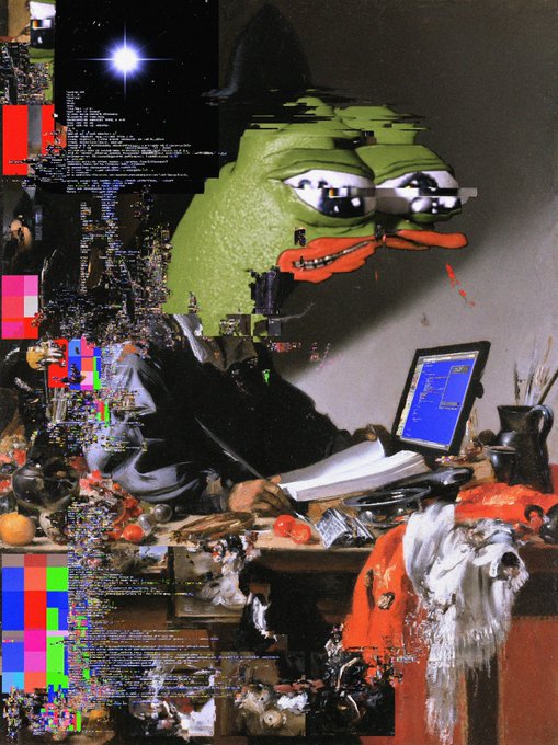A glitchy, digitally distorted image featuring Pepe the Frog with multiple eyes and elongated features, sitting at a cluttered desk with a laptop, sunglasses, and scattered objects including a Santa figure.