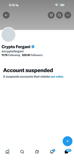 A suspended Twitter/X account page for 'Crypto Fergani' (@cryptofergani), with 329.1K followers, showing the message 'Account suspended. X suspends accounts that violate our rules.'