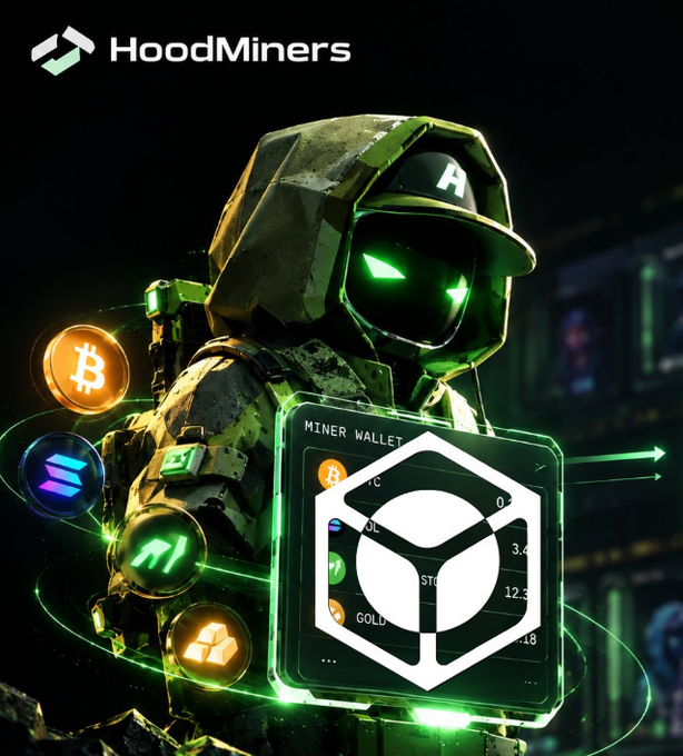 A futuristic hooded figure with glowing green eyes wearing tactical gear, holding a holographic 'MINER WALLET' display. The HoodMiners logo appears at the top alongside cryptocurrency coin icons (Bitcoin, Solana, etc.).