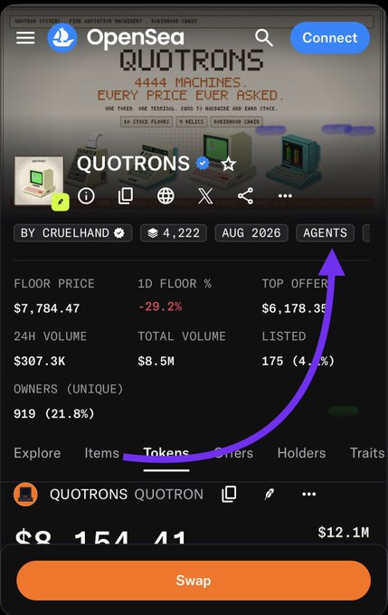 A screenshot of the OpenSea NFT marketplace showing the 'QUOTRONS' collection by CRUELHAND with stats including 4,222 owners, a floor price of $7,784.47, and a highlighted arrow pointing to the 'AGENTS' tag.