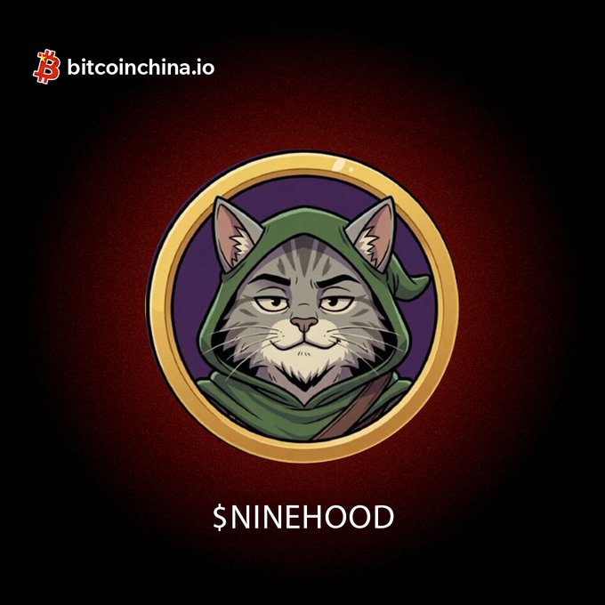 A logo for '$NINEHOOD' featuring an illustration of a grumpy cat wearing a green hood, branded with bitcoinchina.io.