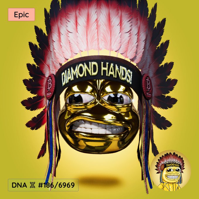 An 'Epic' rarity NFT artwork on a yellow background depicting a golden grinning face wearing a Native American-style feathered headdress and a headband reading 'DIAMOND HANDS!' adorned with Bitcoin logos, labeled DNA #186/6969.