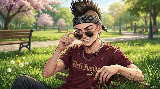 A cartoon-style illustration of a man with spiky hair and sunglasses wearing a bandana and a 'Defi Insider' t-shirt, sitting in a park setting with cherry blossoms.