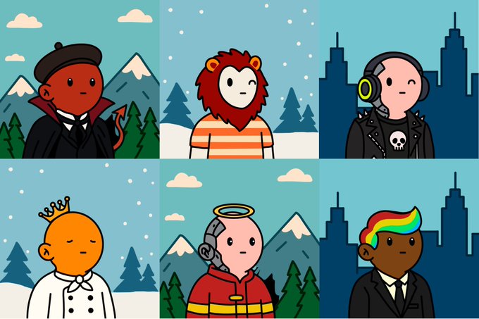 Six cartoon character portraits are arranged in a grid, featuring figures including a red-skinned vampire, a lion in a striped shirt, a cyborg with headphones, a crowned bald character, a robot with a halo, and a figure with rainbow-colored hair.