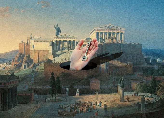 A surreal composite image showing a classical painting of an ancient Greek acropolis, like the Acropolis of Athens, with a giant hand emerging from a black hole in the center, holding a vintage key.