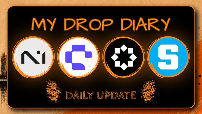 A graphic titled 'MY DROP DIARY' featuring four cryptocurrency project logos (NI, Near-style icon, a snowflake-like icon, and the S token) with 'DAILY UPDATE' text below.