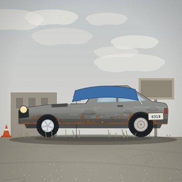 An illustration of an old, rusty gray car with a blue roof parked next to an orange traffic cone in a barren landscape.