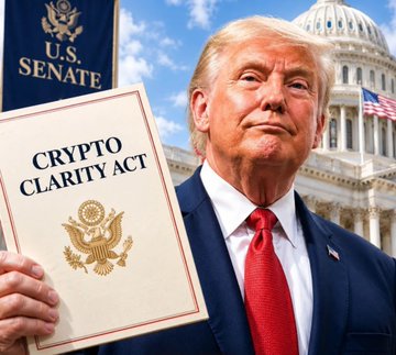 A man in a suit and red tie stands before the U.S. Capitol building, holding a document labeled "CRYPTO CLARITY ACT" beside a "U.S. SENATE" seal.