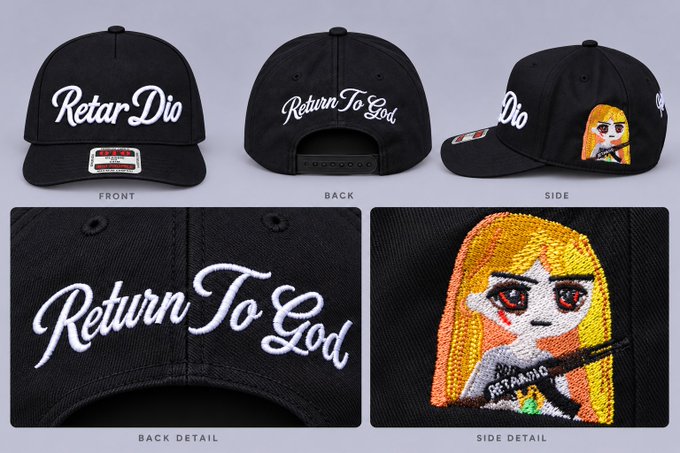 A black baseball cap featuring 'Retar Dio' on the front, 'Return To God' embroidered on the back, and an anime-style character patch on the side panel.
