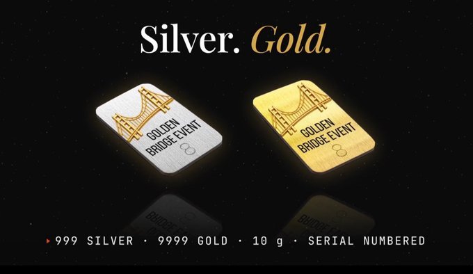 Luxury promotional image for 'Golden Bridge Event' featuring silver and gold commemorative coins/bar with text 'Silver. Gold.' and specs '999 SILVER • 9999 GOLD • 10 g • SERIAL NUMBERED'.