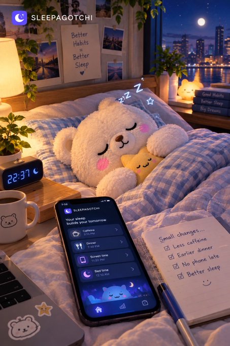 A cozy bedroom scene promoting Sleepagotchi, showing a sleeping plush bear, a smartphone displaying sleep tracking data, and a checklist for 'Small changes... Better sleep'.