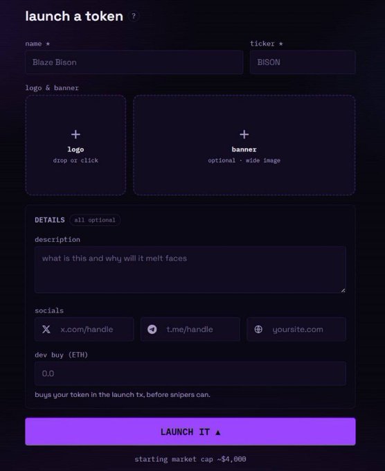 A 'launch a token' form with fields for name (Blaze Bison), ticker (BISON), logo/banner uploads, description, socials, and a dev buy field set to 0.0 ETH, with a purple 'LAUNCH IT' button indicating a starting market cap of ~$4,000.
