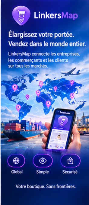 A promotional graphic for "LinkersMap" in French, advertising global e-commerce with imagery of a world map, airplane, cargo ship, and smartphone displaying the app.