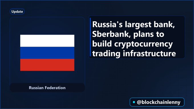 An informational graphic featuring the Russian Federation flag alongside text stating 'Russia's largest bank, Sberbank, plans to build cryptocurrency trading infrastructure', credited to @blockchainlenny.