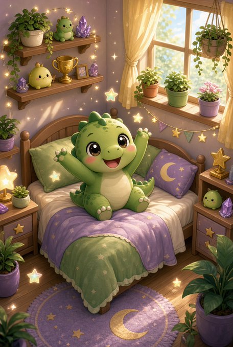 A cheerful green cartoon dinosaur plushie sits on a bed with star-patterned purple and green bedding in a cozy, plant-filled bedroom decorated with star lights and bunting.