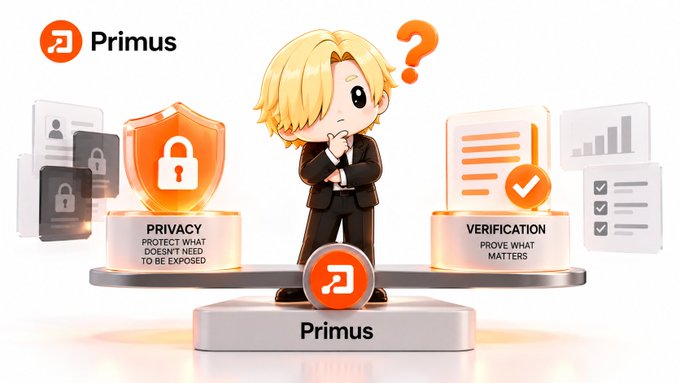A promotional graphic for 'Primus' featuring a cartoon figure standing between two pillars labeled 'PRIVACY: PROTECT WHAT DOESN'T NEED TO BE EXPOSED' and 'VERIFICATION: PROVE WHAT MATTERS'.