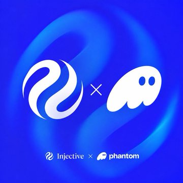 A blue graphic with a swirling background announces a collaboration between 'Injective × Phantom,' featuring both brands' logos.