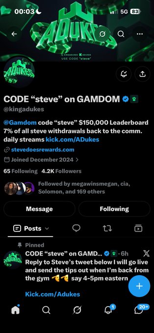 A Twitter/X mobile screenshot of the profile 'CODE "steve" on GAMDOM' (@kingadukes) showing 4.2K followers, a pinned tweet about withdrawing back to community, and a Kick.com streaming link.