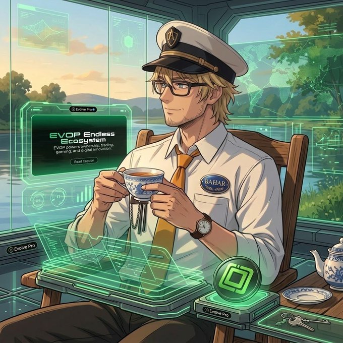 Anime-style portrait of a blonde man wearing a white officer's cap, glasses, and a tie, holding a teacup while surrounded by holographic green tech displays reading 'Evolve Pro' and 'EVOP Endless Ecosystem'.