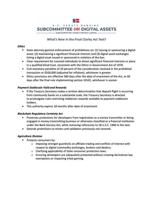 A document from the U.S. Senate Banking Subcommittee on Digital Assets, chaired by Cynthia Lummis, titled 'What's New in the Final Clarity Act Text,' summarizing provisions on Ethics, Payment Stablecoin Yield and Rewards, Blockchain Regulatory Certainty Act, and the Agriculture Division.