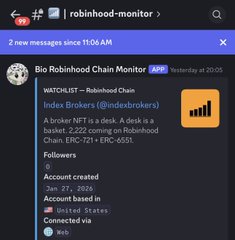 The image shows a Slack message from the "Bio Robinhood Chain Monitor" bot in the robinhood-monitor channel, posted yesterday at 20:05, flagging "Index Brokers (@indexbrokers)" on the Robinhood Chain watchlist as a "deek" (likely a typo for "deal") with a market cap of 2,222, noting accounts created in the US via web. This aligns with the accompanying post highlighting $INDEX as an early NFT project with a $1 mint price and $20 floor price.