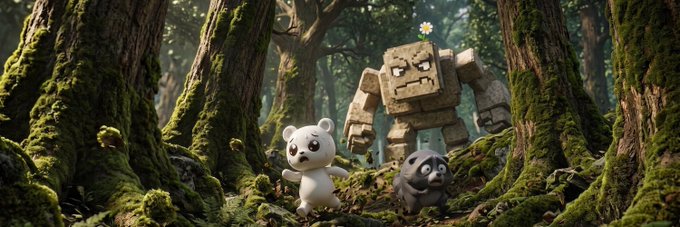 The image shows a small white bear and a panda running through a mossy forest, fleeing from a large stone golem with a flower on its head. The whimsical, adventurous scene contrasts with the promotional cryptocurrency post, using the characters' escape as a metaphor for the urgency to act quickly on the $Imagine token before it gets too big to catch.